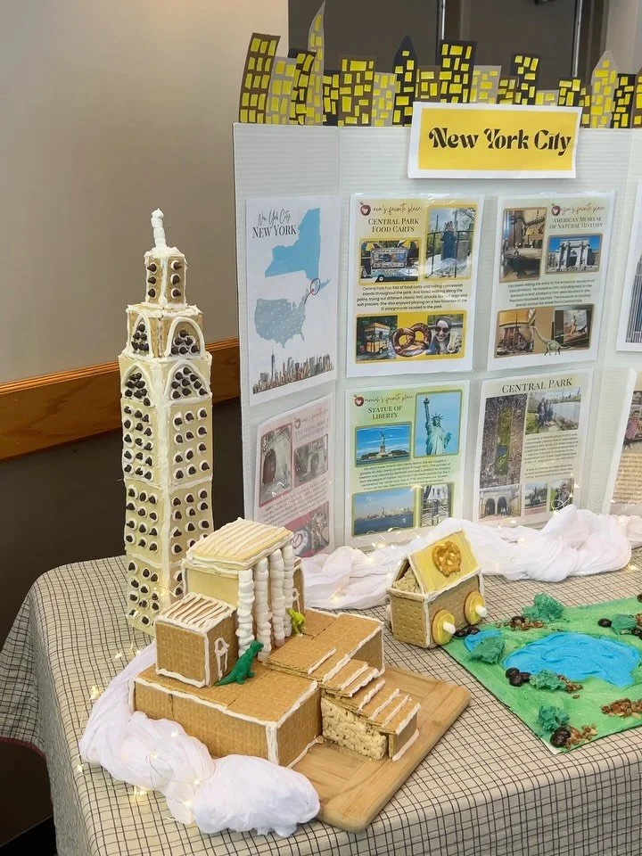 This week our homeschool group hosted a Christmas Fair. Families were asked to create a gingerbread US landmark or location to display. Since we visited NYC last year, my kids decided to each pick their favorite spots:

Leah: Empire State Building
No