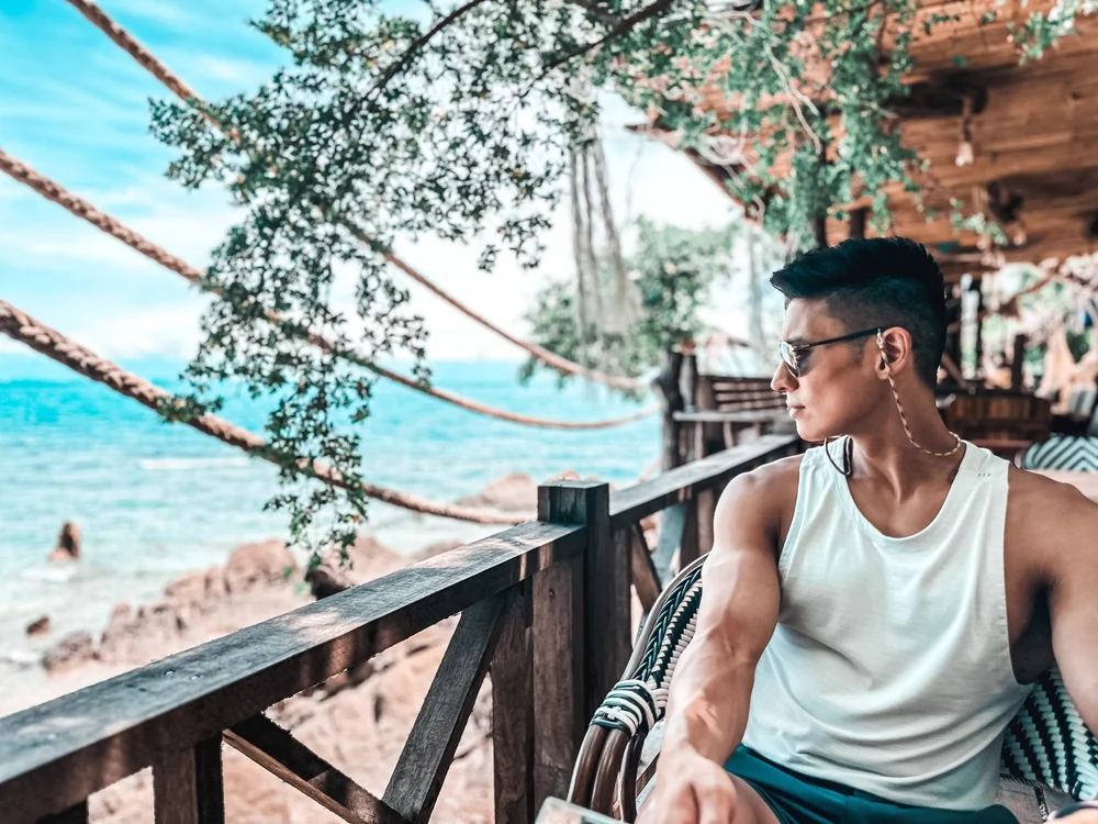 Rom enjoying the beach views from Koh Raham, Koh Phangan