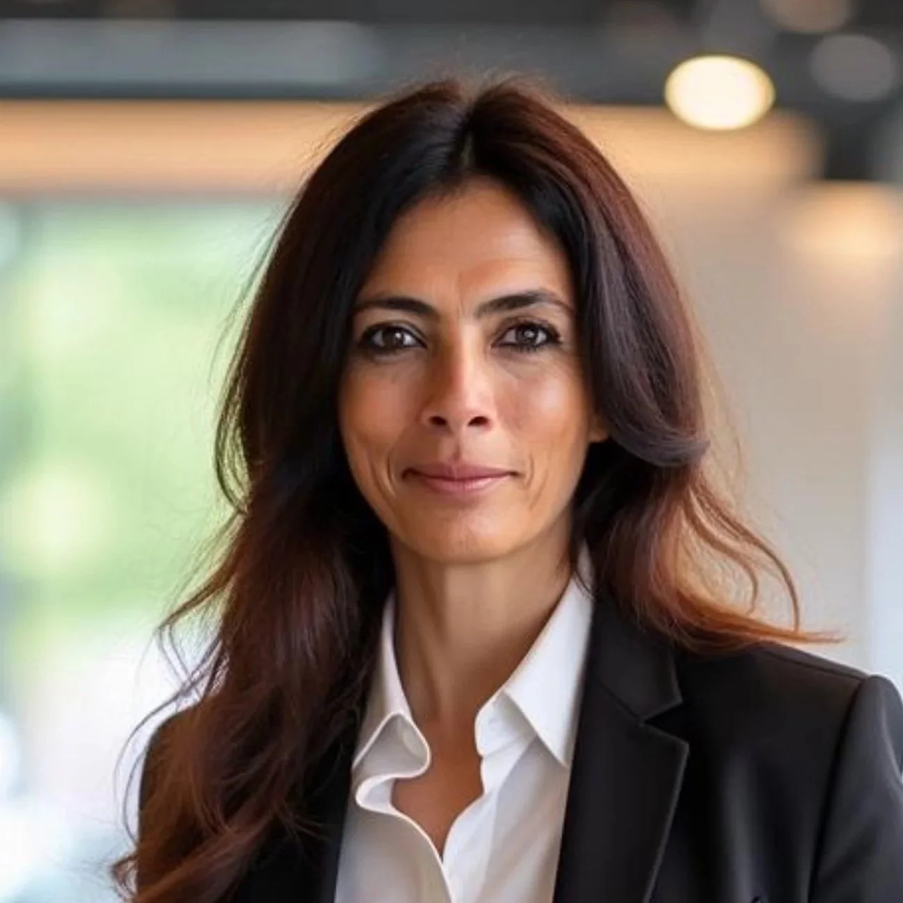 A woman with long brown hair, wearing a white shirt and black blazer, smiling in a professional setting.