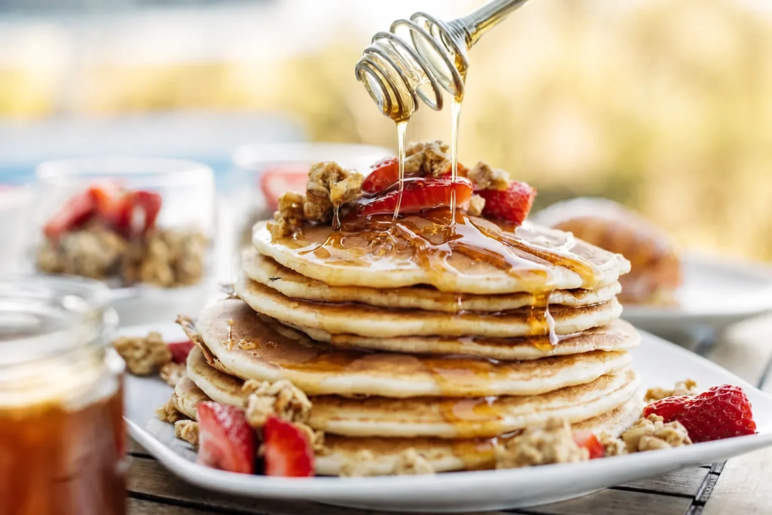 Pancake breakfast with local honey and fruit on Pico Island