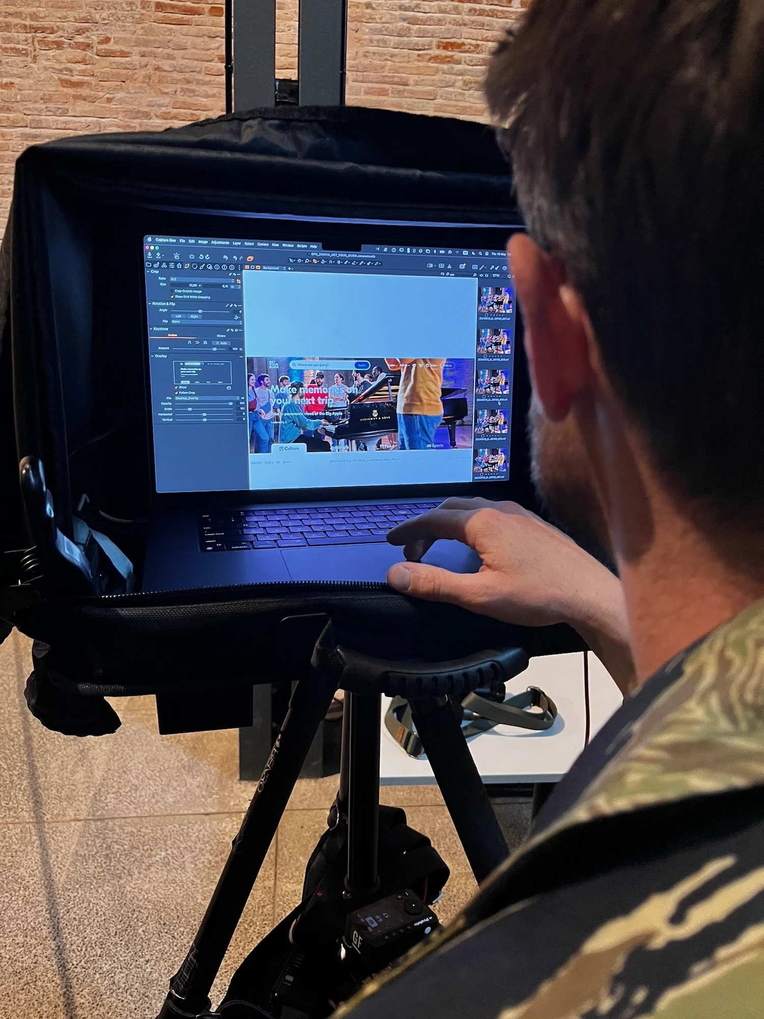 Checking homepage banner options during the shoot.