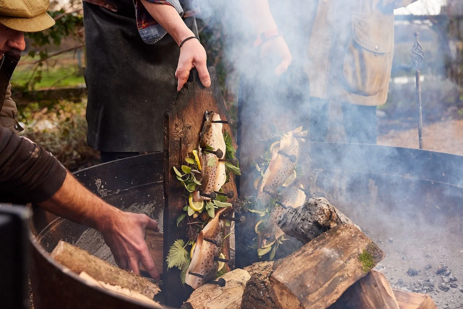 Trout fillets with lemon slices and herbs nailed to charred wooden planks, cooking upright over a smoking fire pit.