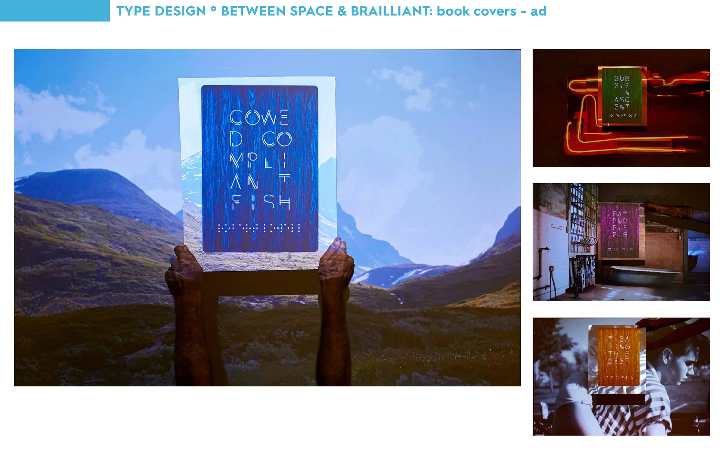 Main image: Landscape with a person holding a sign with vertical text that reads 'COWE DCOMPANISH' against mountains and a blue sky. Top right: Neon sign with circuitry design and text 'BUBBLE IN ASCENT.' Middle right: Indoor scene with sign displayi