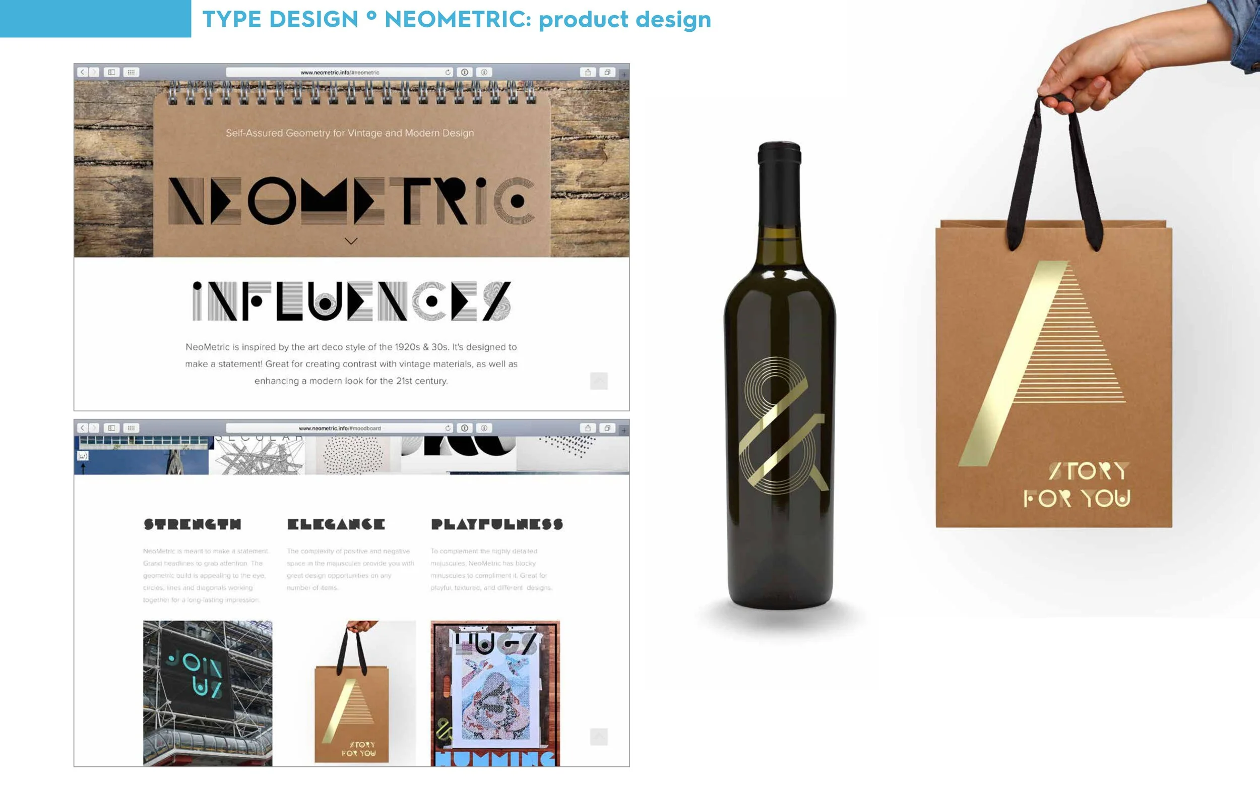 The image shows two web pages displaying geometric and modern design elements, a black bottle with a gold and silver geometric ampersand symbol, and a brown paper shopping bag with a gold geometric letter 'A' and the words 'STORY FOR YOU' in gold.
