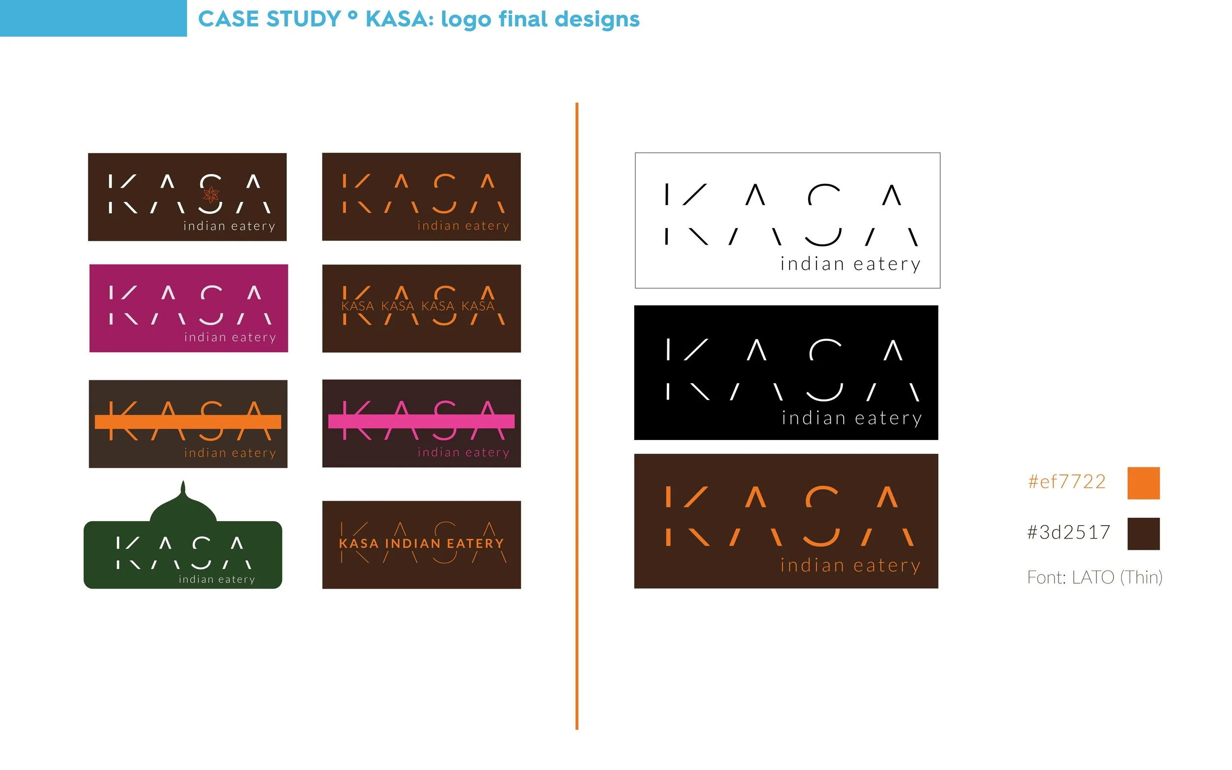 A presentation slide showing different logo final designs for KASA Indian Eatery, with various color options and backgrounds, including white, black, green, and brown, using a thin Lato font and specific color codes.