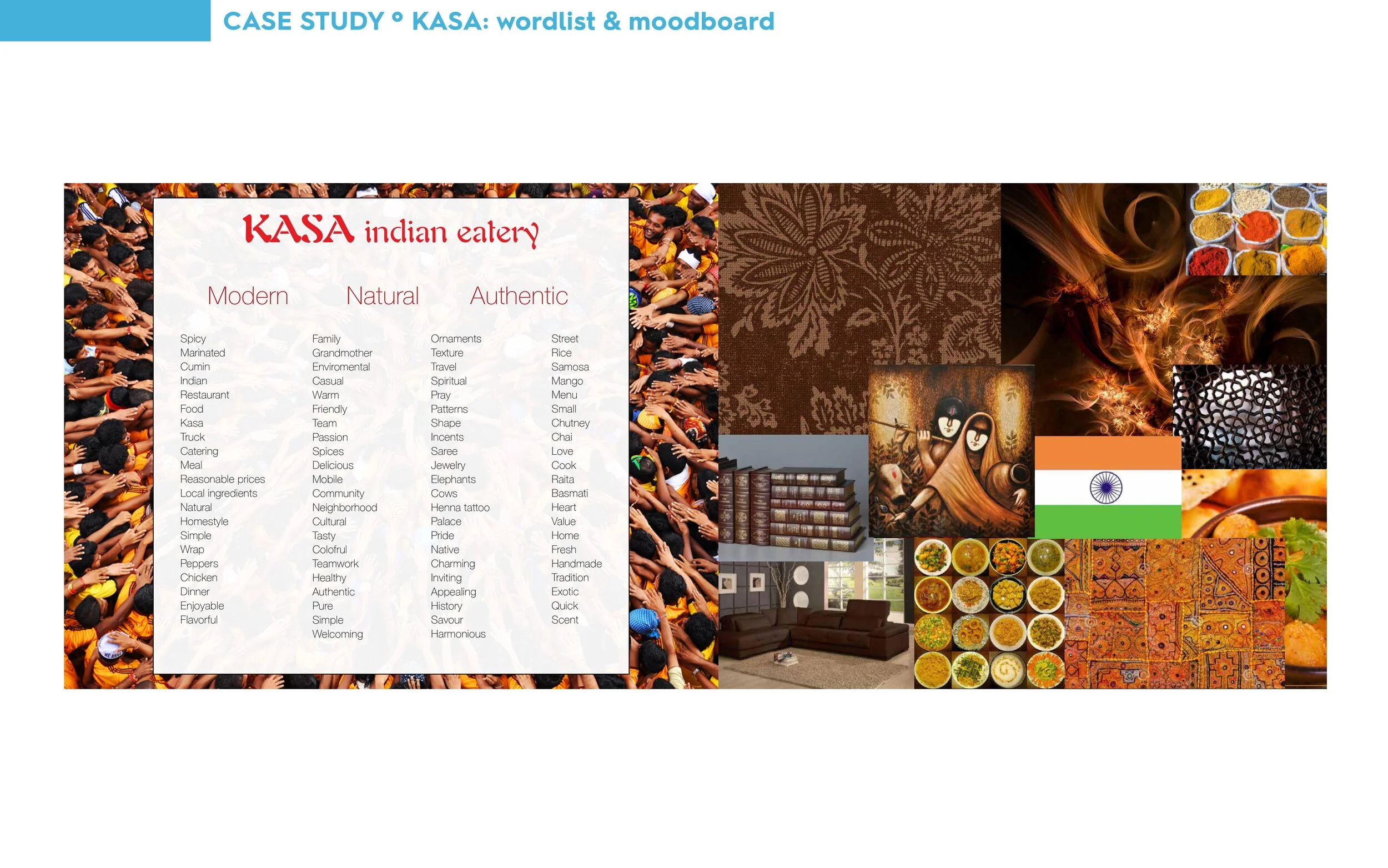 A collage featuring an Indian cultural theme. It includes a word list labeled "KASA Indian eatery" with categories Modern, Natural, and Authentic. The background shows a crowd of people reaching out with their hands, traditional Indian art, spices, a