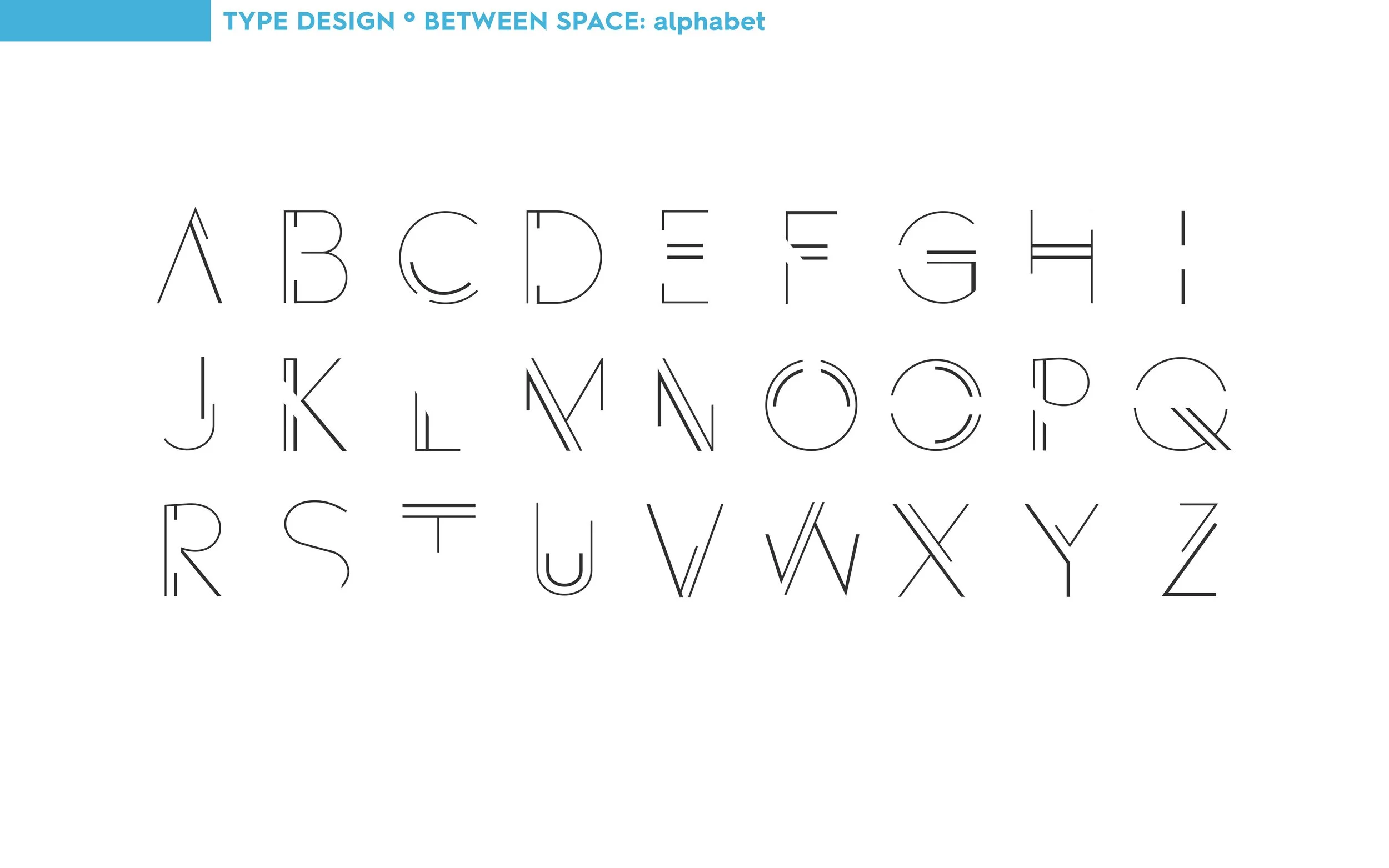An alphabet design with each letter created using thin, black lines and lines between some letters, set against a white background.