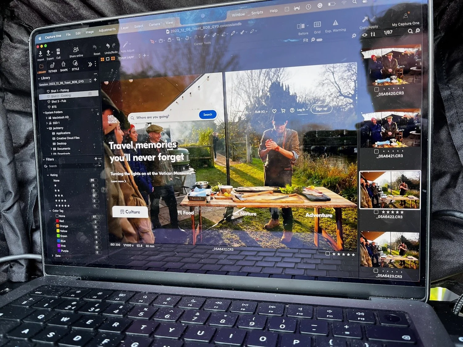 On the set, checking image banner options with layout overlay on CaptureOne.
