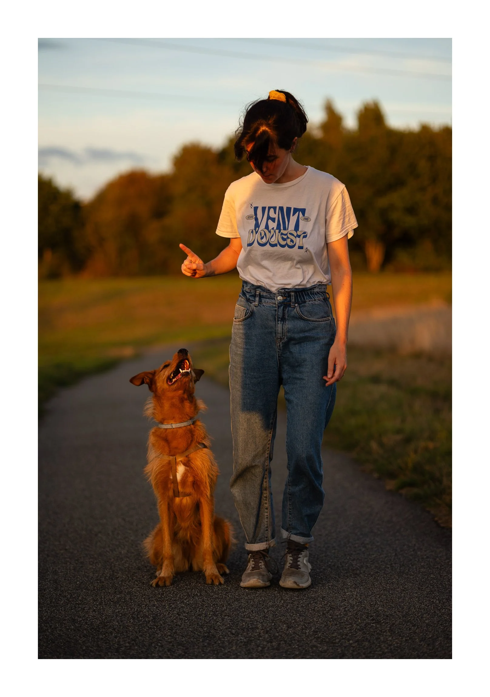 A woman with dark hair tied back, wearing a white T-shirt and high-rise blue jeans, stands on a pathway outdoors during sunset. She is pointing with her right hand while looking at a happy, sitting dog, which appears to be a mixed breed with brown fu