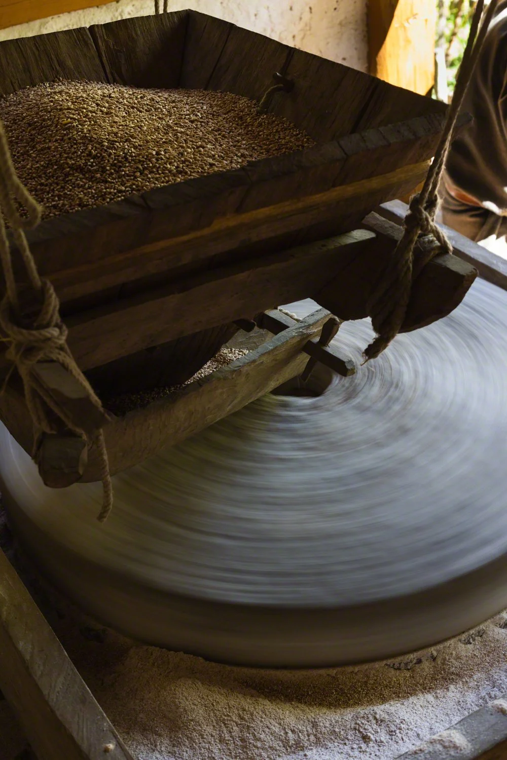 A wooden mill with a rotating stone wheel grinding grains with a container of grains hanging above it, in a rustic environment.