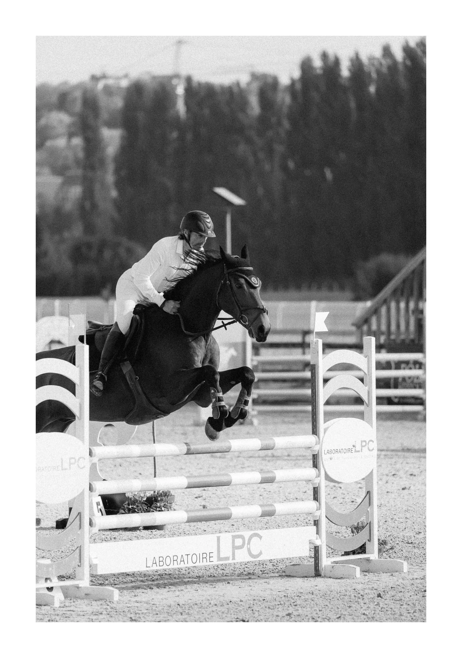A woman riding a horse and jumping over an obstacle in an equestrian show jumping competition.