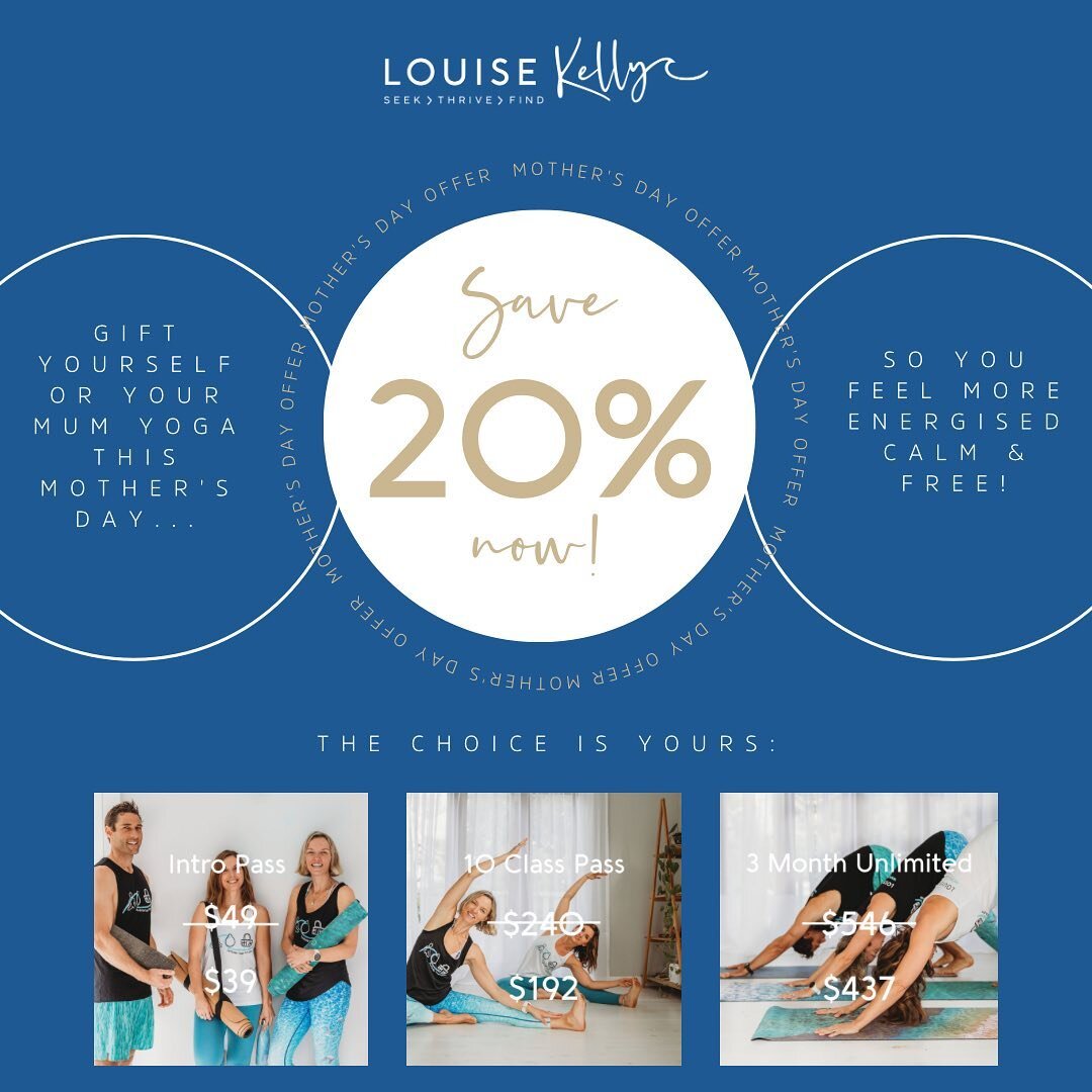 Gift yourself, (or the Mums in your life), yoga this Mother's Day, to feel more energised, calm and free 🧘🏻&zwj;♀️ Not just for one day, but every week! 
 
Head to the website, choose your package &amp; use the discount code MUMS20OFF at checkout. 