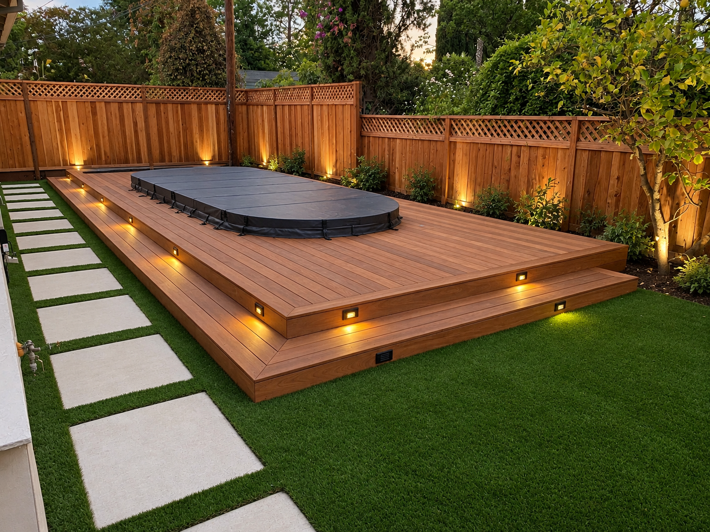 Backyard composite deck with covered hot tub, built-in lighting, artificial grass, stepping stones, and wood privacy fence