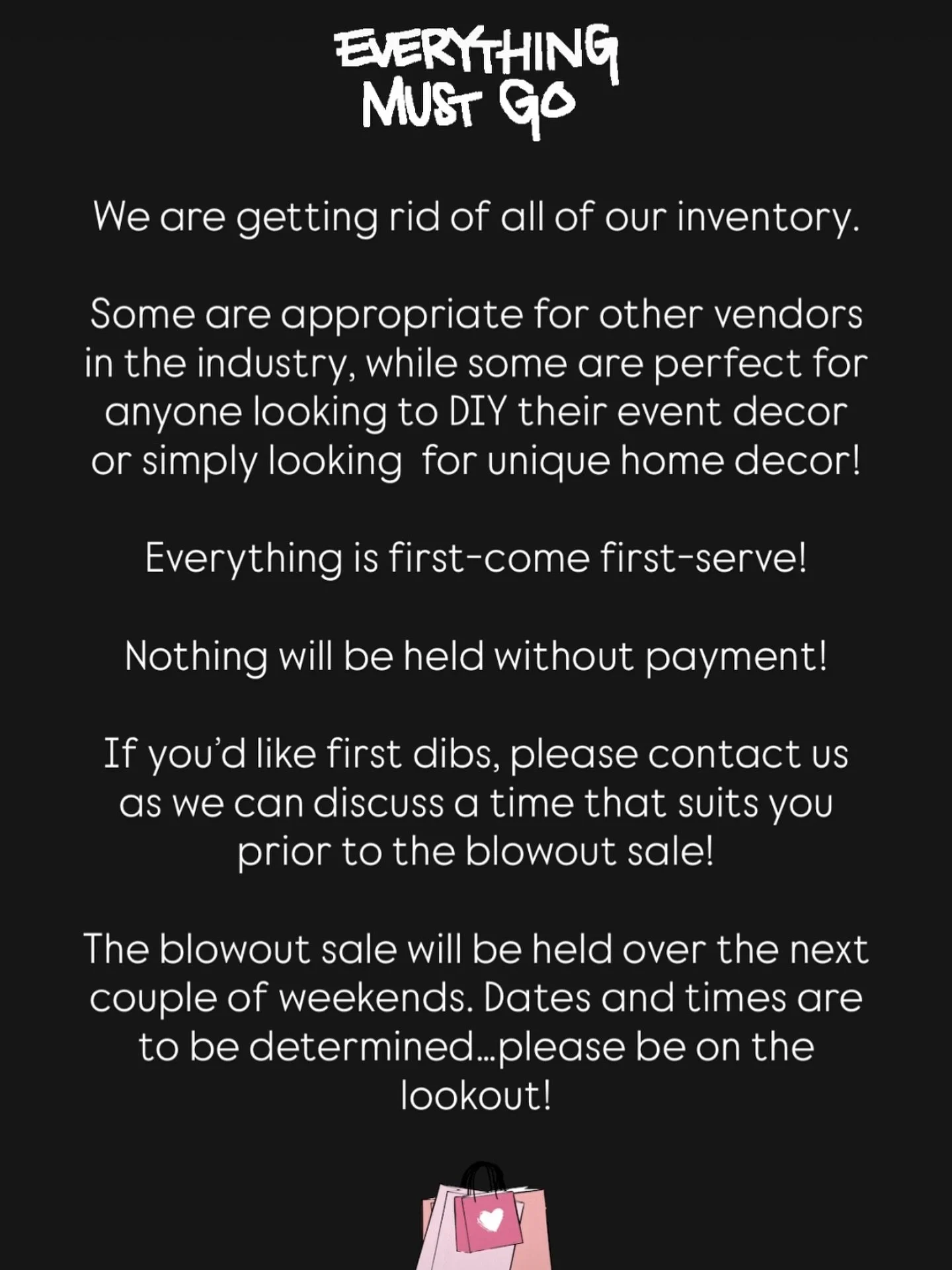 We have so much for sale:

Mandap
Walls/Arches
Sofas
Drapes 
Flowers 
Pillows 
Lanterns 
Candles/Candle Holders
Misc Decorative Accessories 
&amp;&amp; Much More&hellip;
