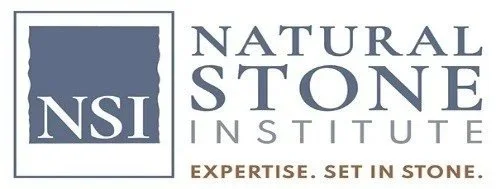 Logo of Natural Stone Institute with mountains and the text 'NSI' inside a square, and the words 'Natural Stone Institute' and 'Expertise. Set in Stone.'