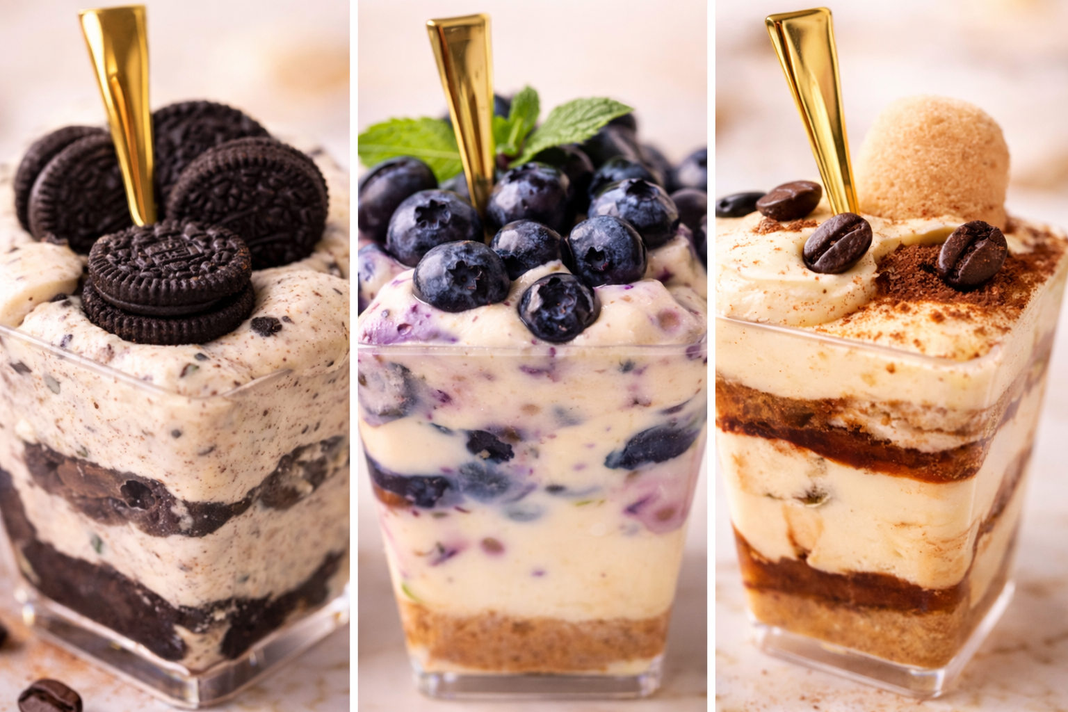 No-Bake Cheesecake Cups Trio: Lemon-Blueberry, Oreo, and Tiramisu