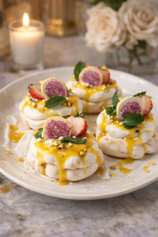 Passionfruit Mini Pavlovas Trio: Classic, Chocolate Swirl, and Pistachio
