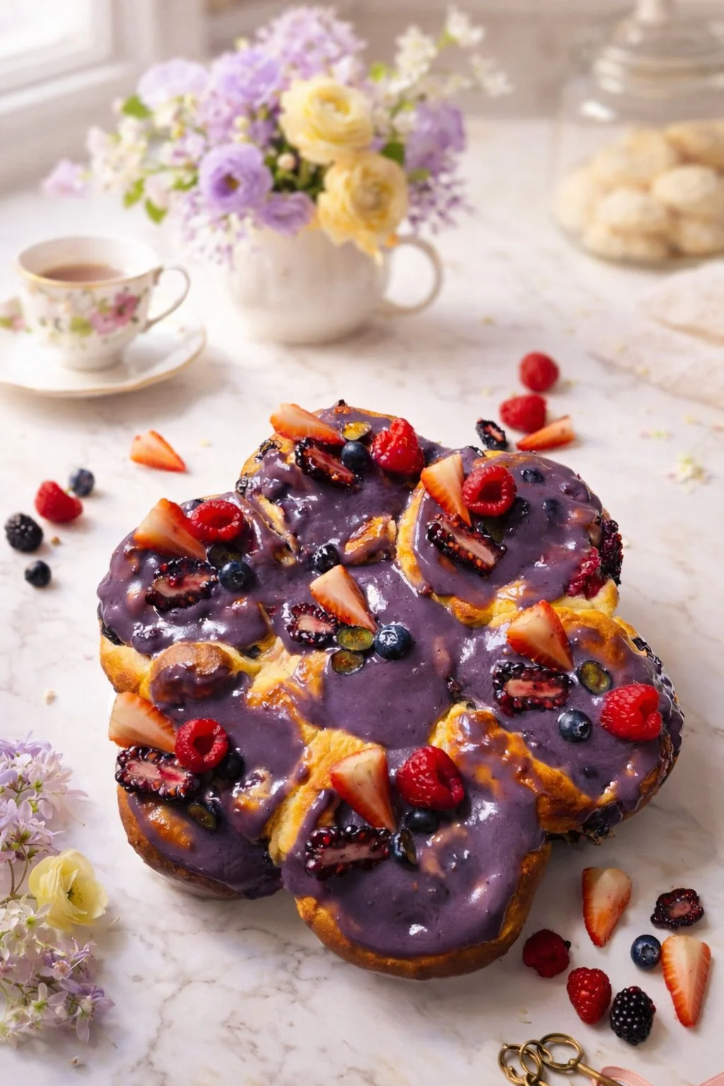 Soft Sourdough Discard Berry Sweet Rolls with Blueberry Frosting