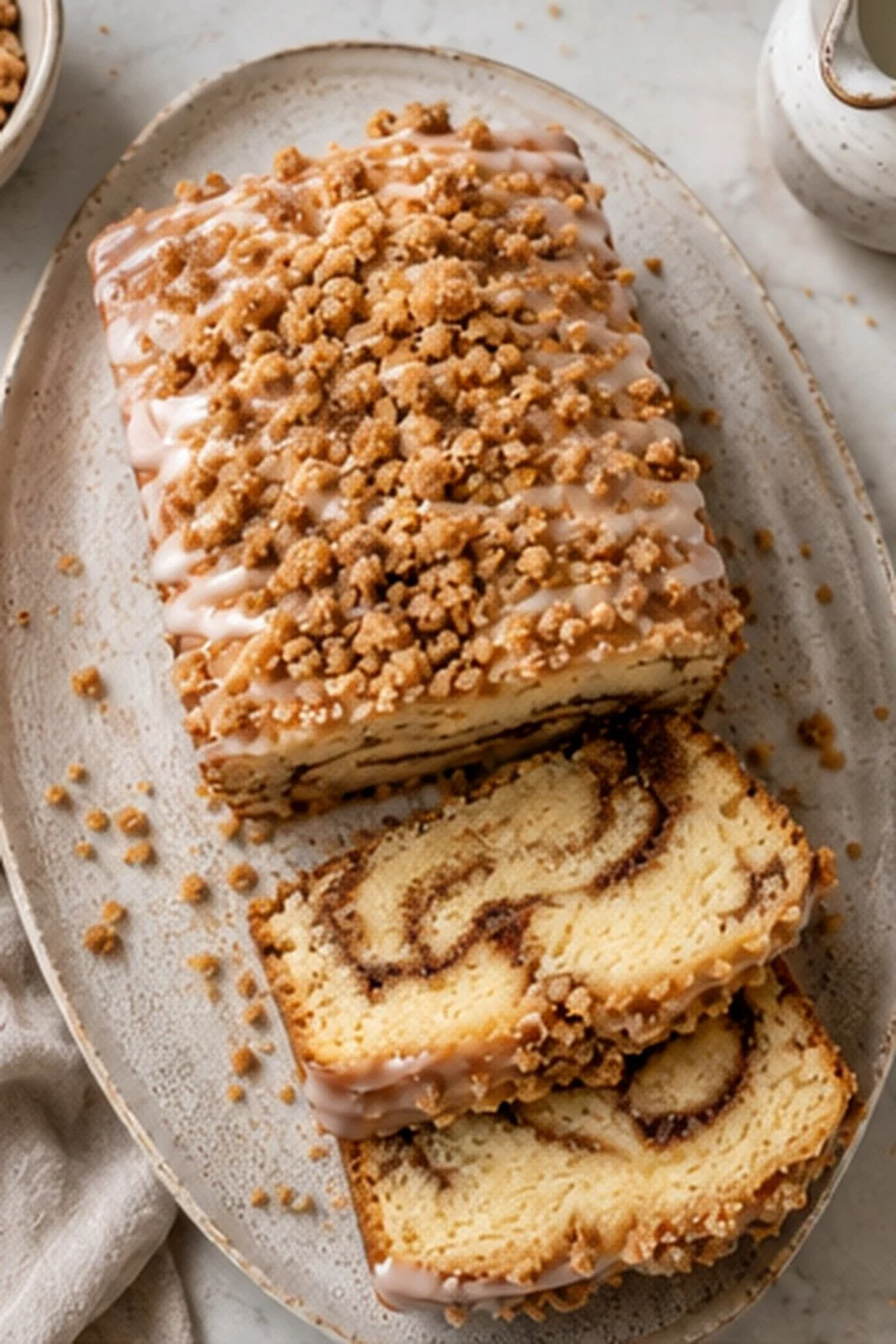 Cinnamon Swirl Pound Cakewith Buttery Crumble &amp; Vanilla Glaze