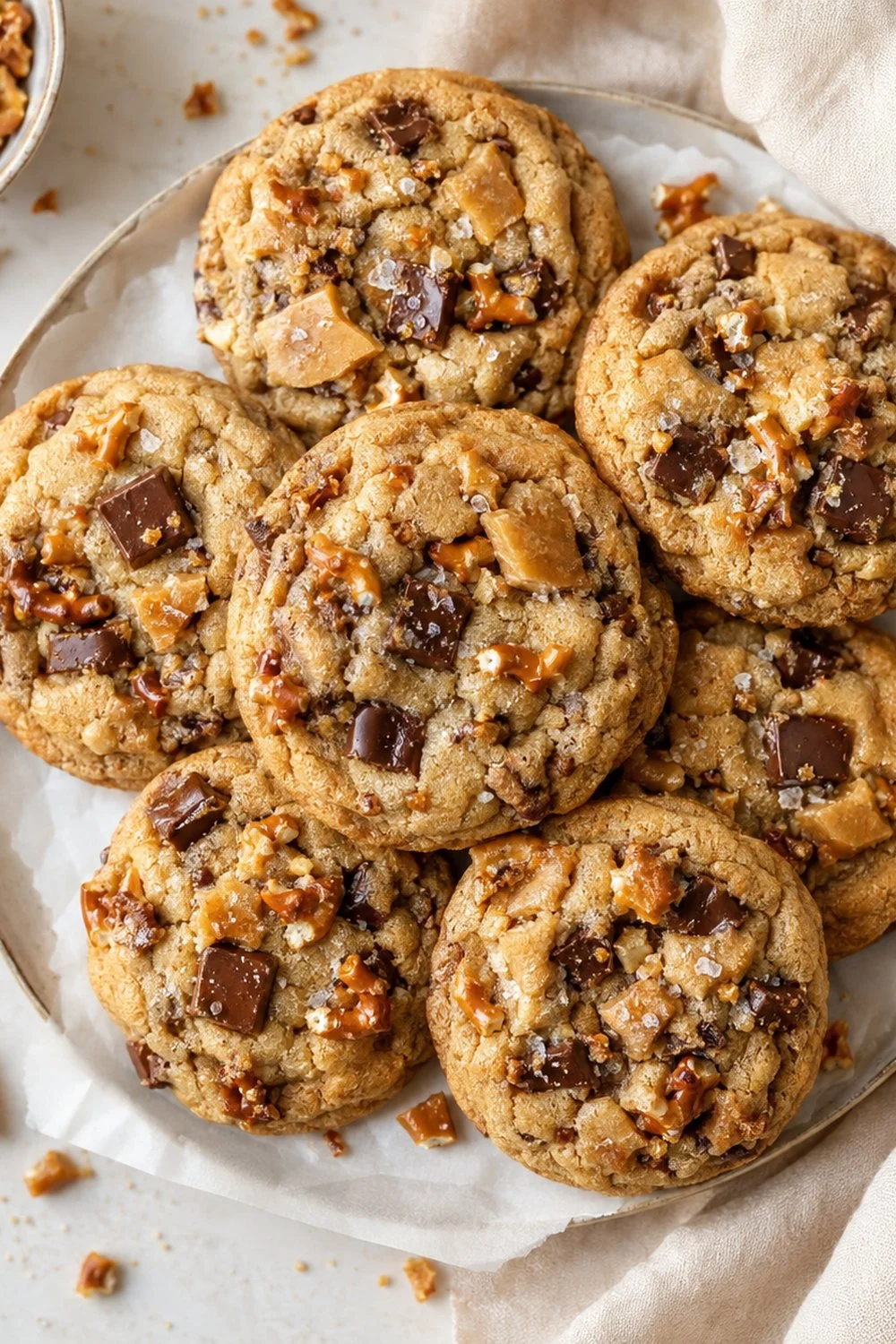 Sweet &amp; Salty Cookies with Pretzel Brittle &amp; Caramelized White Chocolate