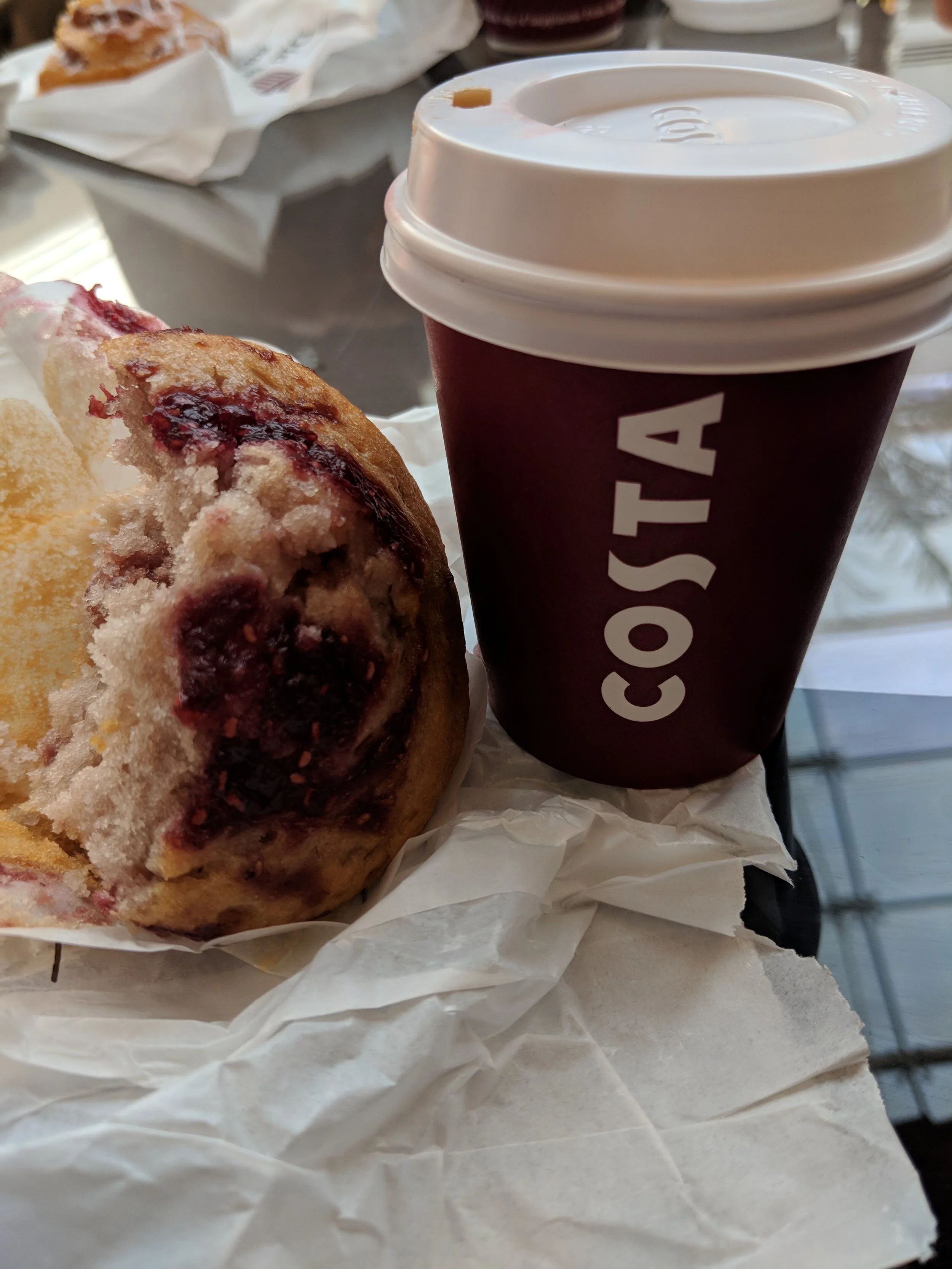 Start the day off right with some hot chocolate and a raspberry and white chocolate muffin.