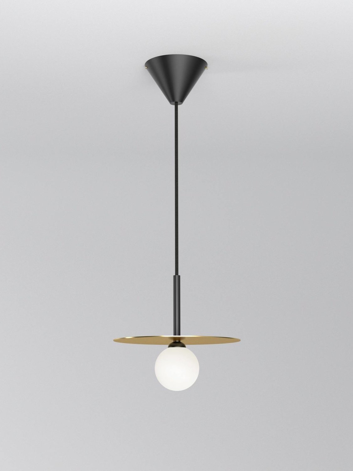 DISC AND SPHERE PENDANT LIGHT / HORIZONTAL /  FABRIC CABLE / CONE ATTACHMENT 