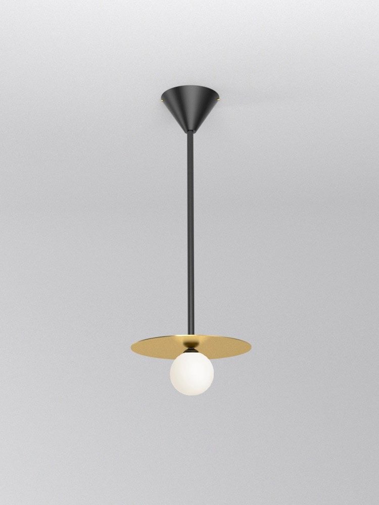 DISC AND SPHERE PENDANT LIGHT / HORIZONTAL / METAL TUBE / CONE ATTACHMENT 