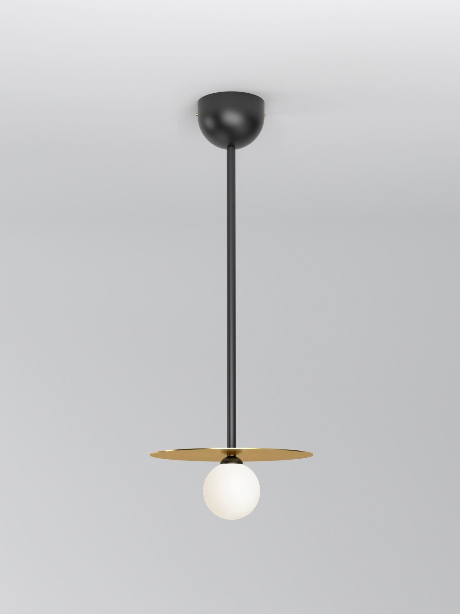 DISC AND SPHERE PENDANT LIGHT / HORIZONTAL / METAL TUBE / HALF DOME ATTACHMENT 