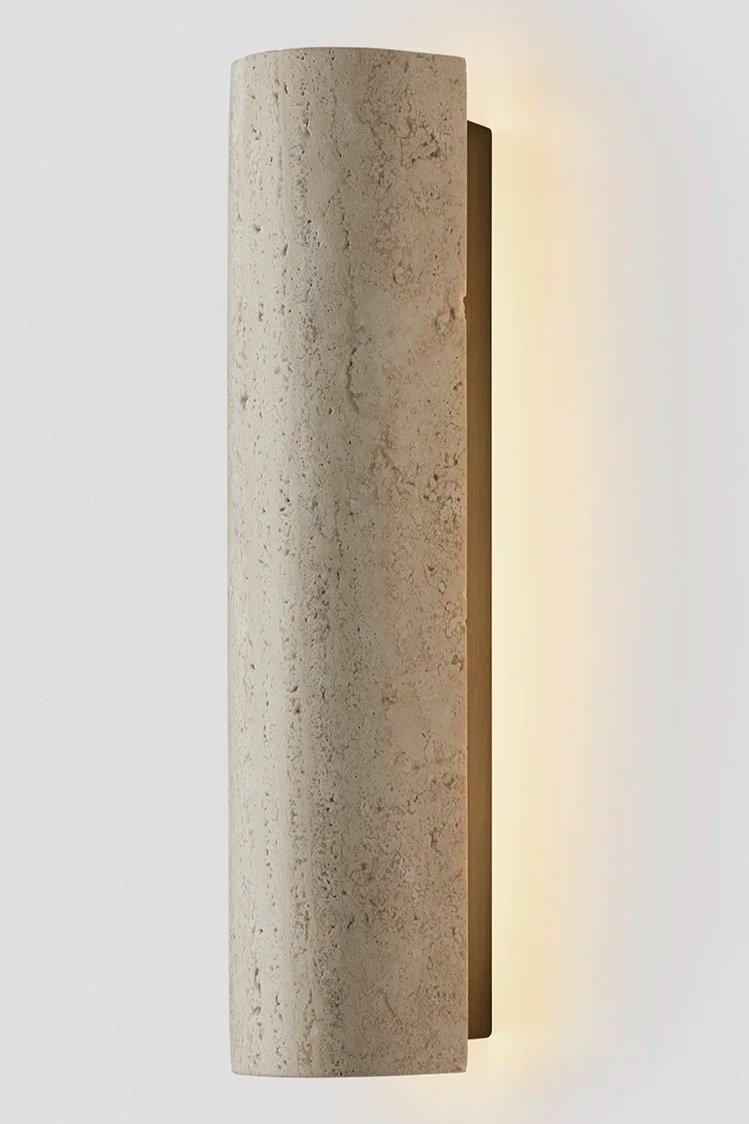 12:40 BACKWARD FACING WALL SCONCE - BRASS / TRAVERTINE