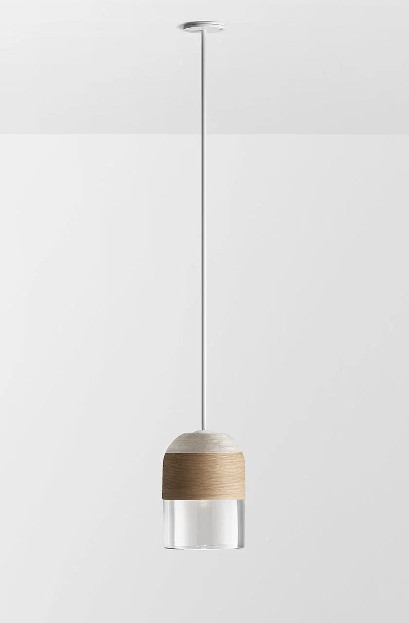 INDI SINGLE LARGE PENDANT - WHITE POWDER COAT / CLEAR / SAND + NATURAL WEAVE