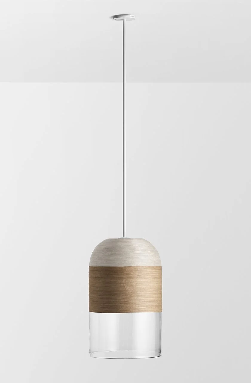 INDI SINGLE EXTRA LARGE PENDANT - WHITE POWDER COAT / CLEAR / SAND + NATURAL WEAVE