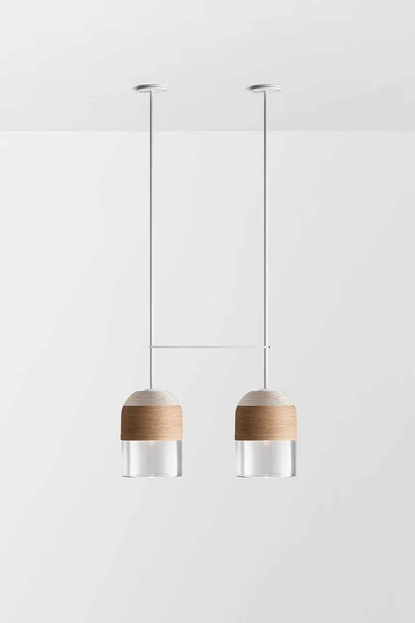 INDI LARGE DOUBLE PENDANT - WHITE POWDER COAT / CLEAR / SAND + NATURAL WEAVE