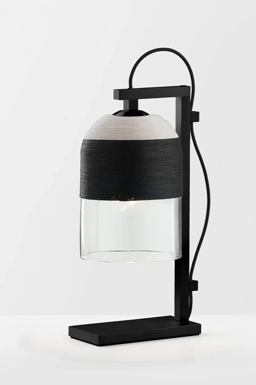 INDI TABLE LAMP - BLACK POWDER COAT / CLEAR / BLACK + WHITE WEAVE