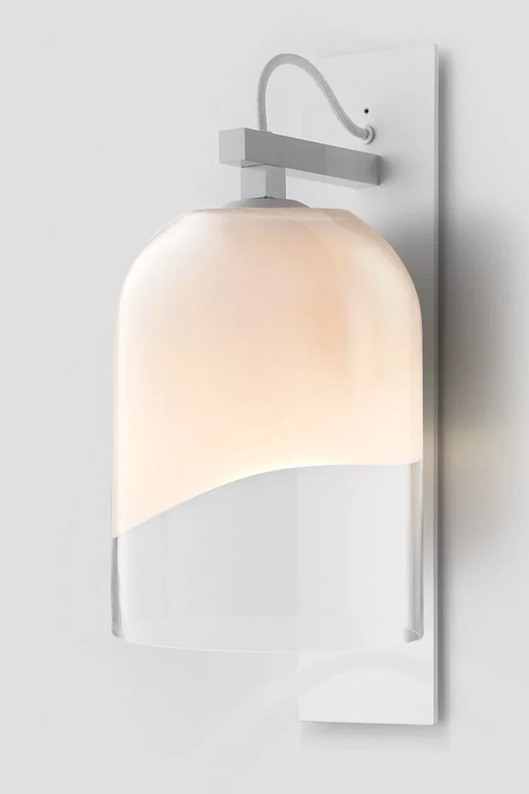 MONI INTERIOR WALL SCONCE - WHITE POWDER COAT / SATIN NICKEL ARM / CLEAR + WHITE