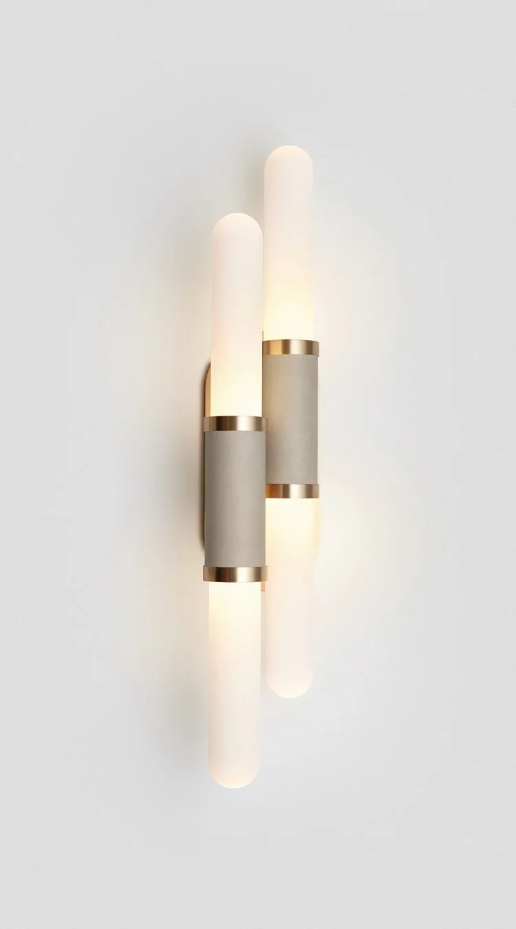 SCANDAL STAGGERED WALL SCONCE - BRASS / SNOW / LATTE LEATHER