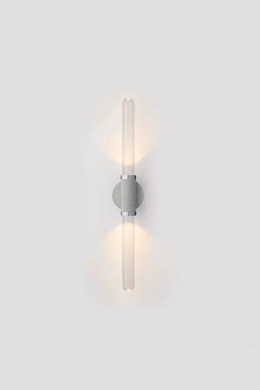 SCANDAL MINI TALL WALL SCONCE - SATIN NICKEL / CLEAR FLUTED / SILVER MESH 