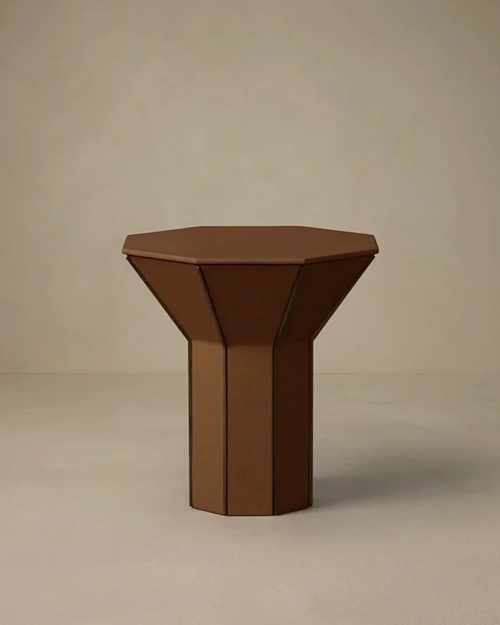 FLARE SIDE TABLE - PECAN LEATHER / BRONZE FINS