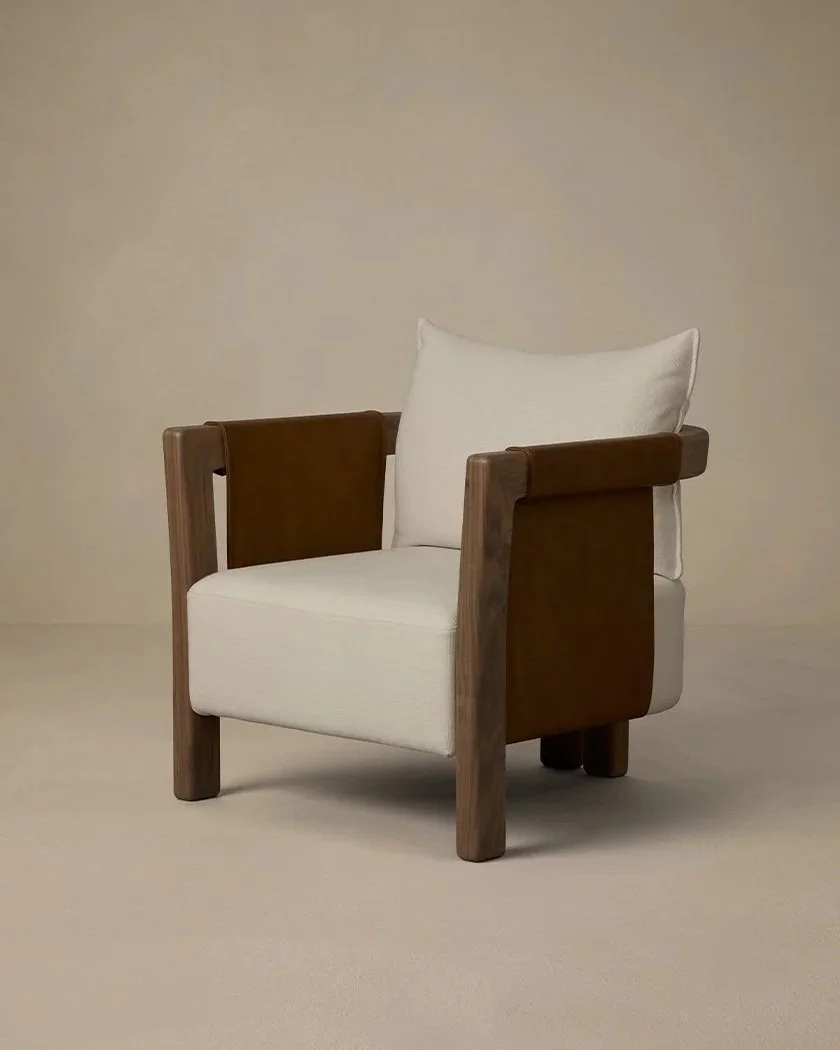 SADDLE ARMCHAIR - PECAN LEATHER / WALNUT / BONE LINEN 