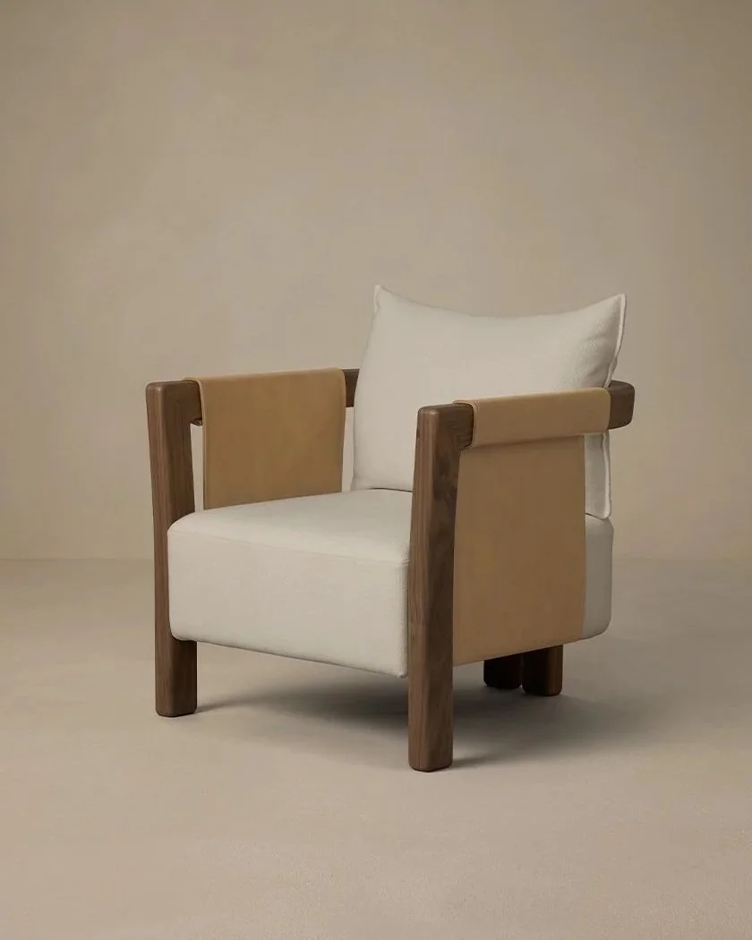 SADDLE ARMCHAIR - NOUGAT LEATHER / WALNUT / BONE LINEN 