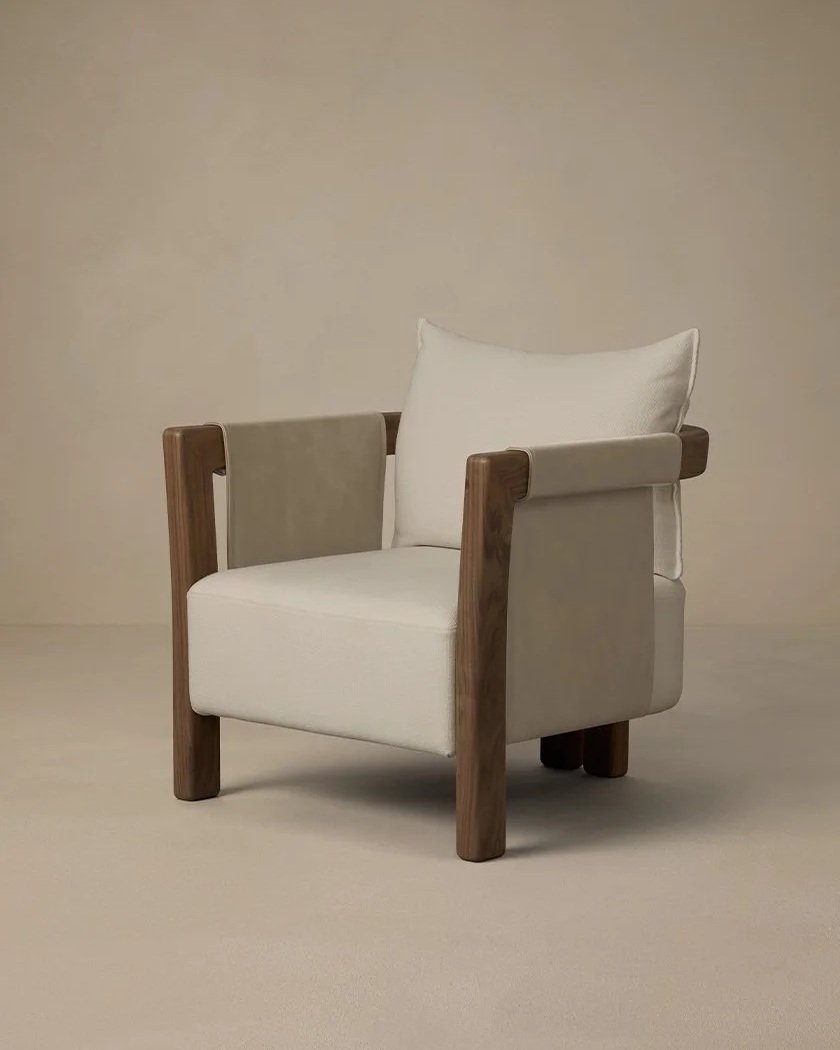 SADDLE ARMCHAIR - TITANIUM LEATHER / WALNUT / BONE LINEN 