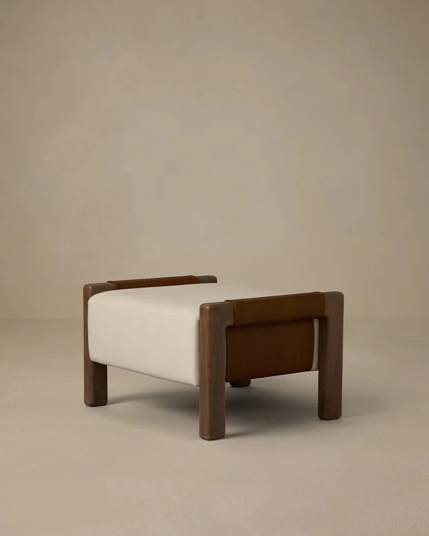 SADDLE OTTOMAN - PECAN LEATHER / WALNUT / BONE LINEN 
