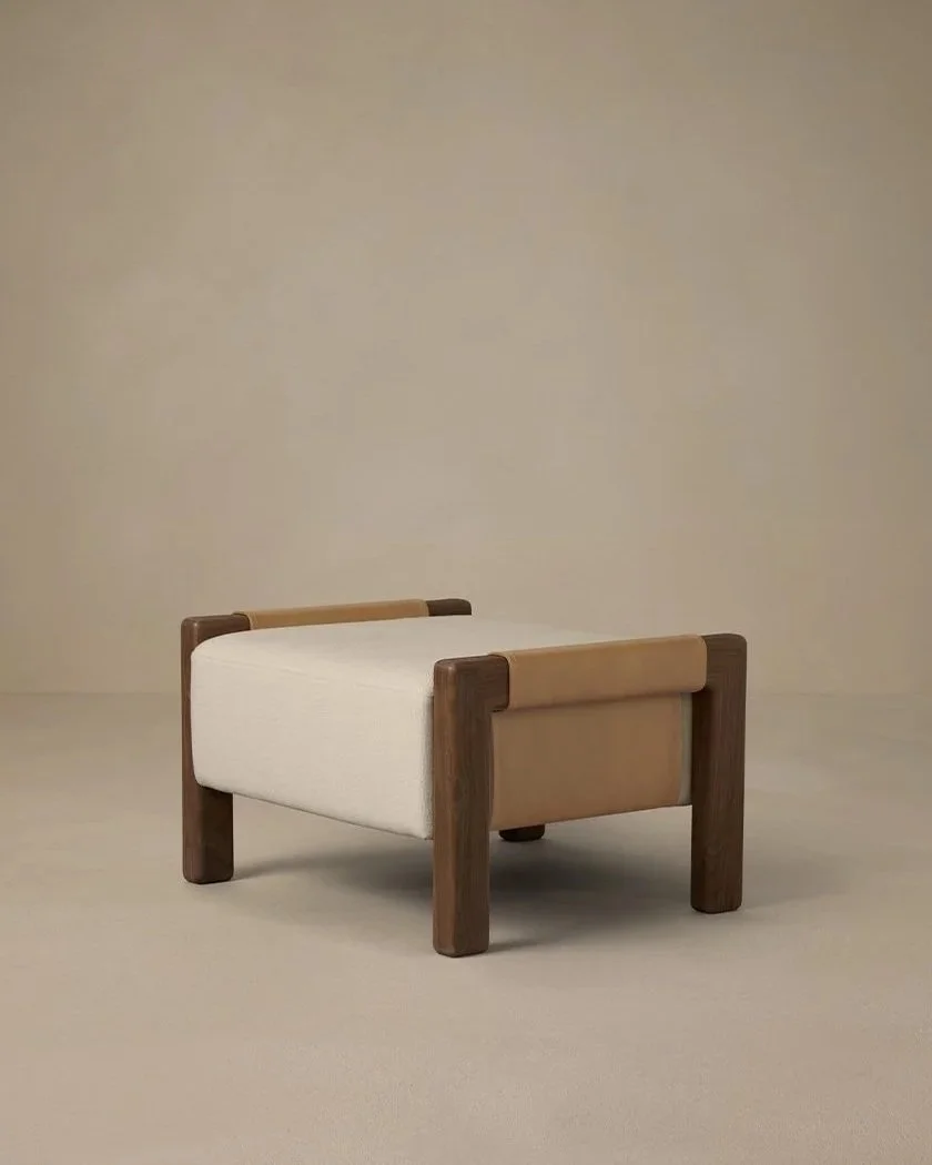 SADDLE OTTOMAN - NOUGAT LEATHER / WALNUT / BONE LINEN 