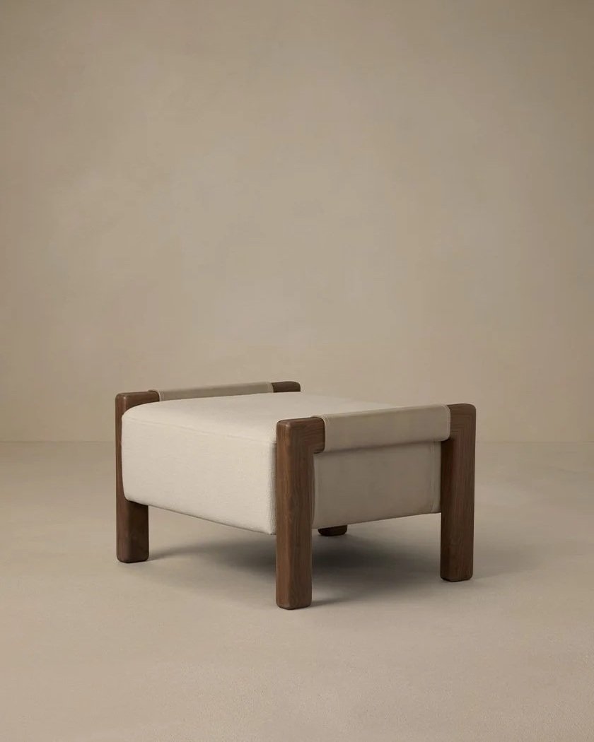 SADDLE OTTOMAN - TITANIUM LEATHER / WALNUT / BONE LINEN 