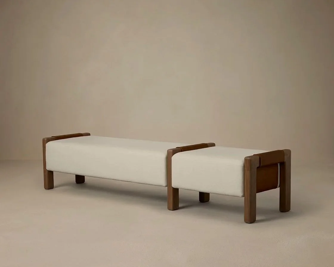 SADDLE BENCH - PECAN LEATHER / WALNUT / BONE LINEN