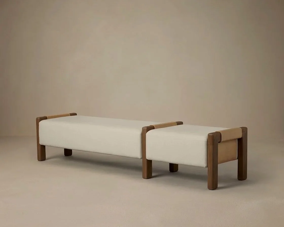 SADDLE BENCH - NOUGAT LEATHER / WALNUT / BONE LINEN