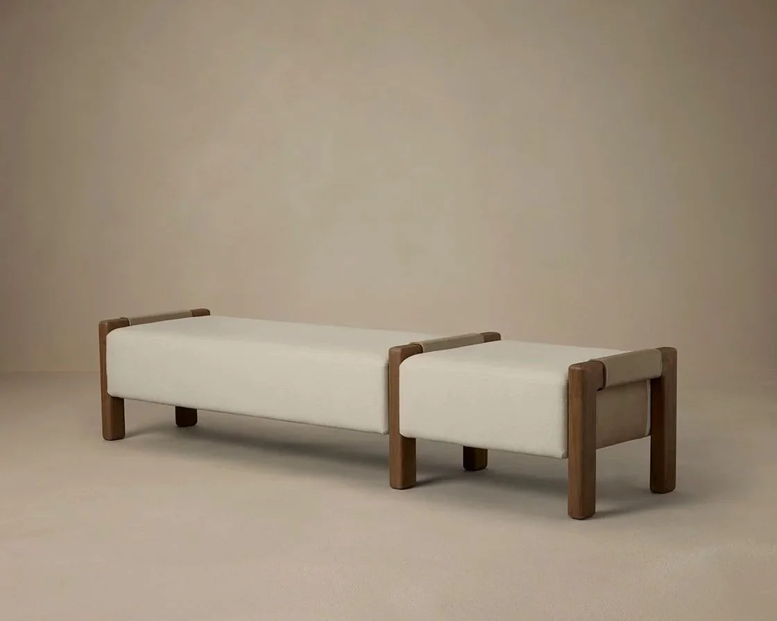 SADDLE BENCH - TITANIUM LEATHER / WALNUT / BONE LINEN