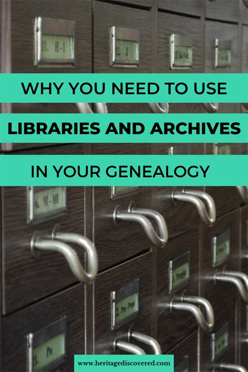 Old card catalog with large metal pulls with text Why You need to use libraries and archives in your genealogy