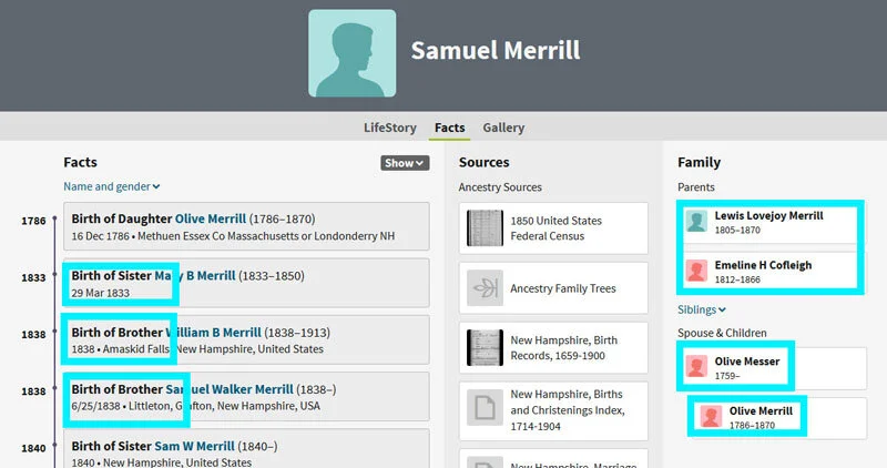 Screenshot of an Ancestry profile for Samuel Merrill with timeline, sources, and family panel highlighted, showing how to check sources and spot online family tree mistakes.