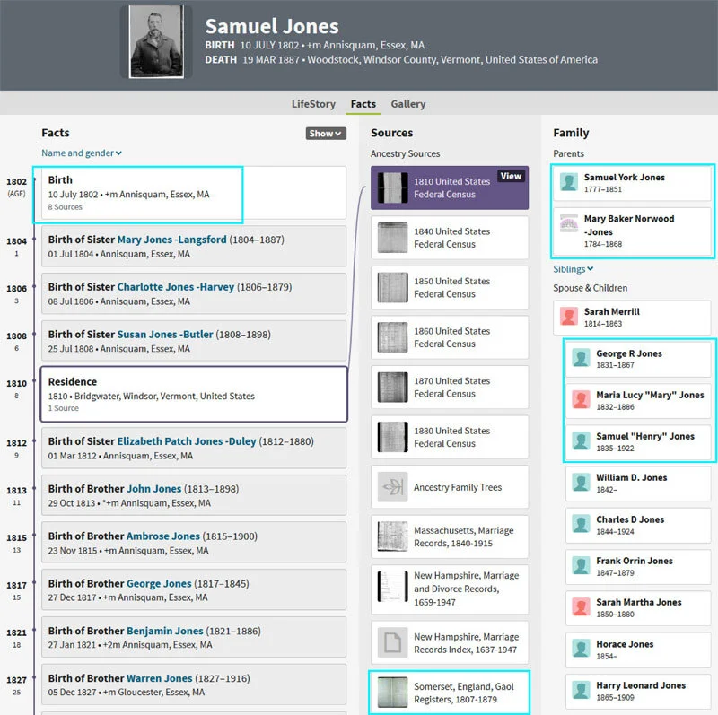 Screenshot of an Ancestry profile for Samuel Jones with sources and family connections highlighted, showing how to verify parents and avoid online family tree mistakes.