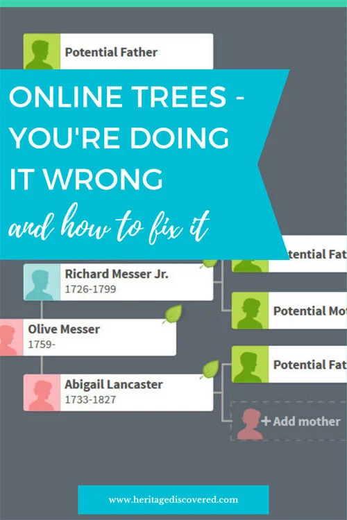 Graphic cover showing an online family tree with the text “Online trees, you’re doing it wrong and how to fix it,” highlighting common online family tree mistakes.